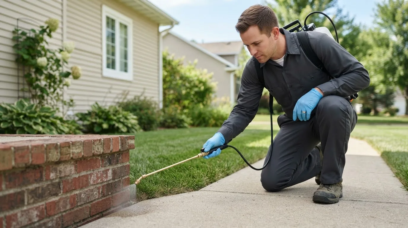 Pest control technician treating a home near Concord, MA