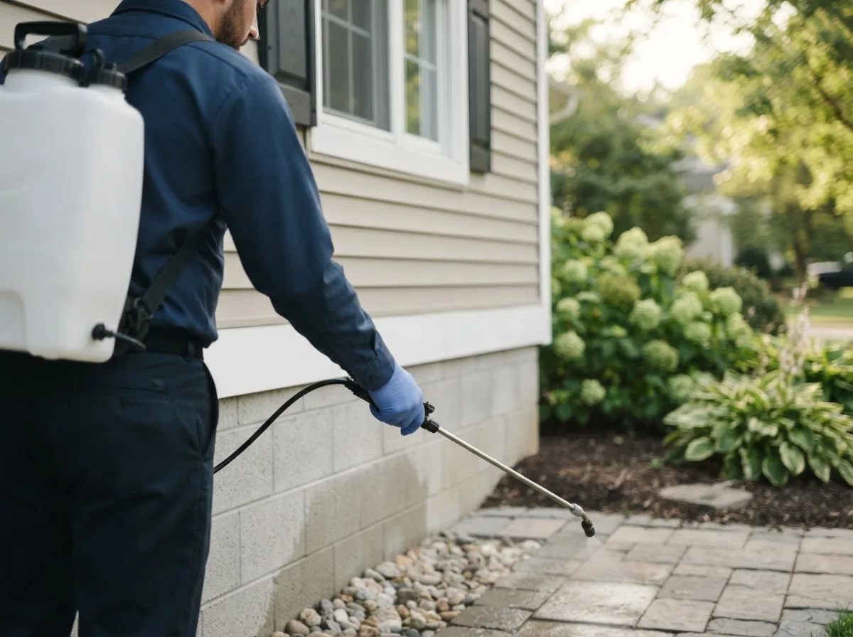 Pest control technician inspecting a home in Concord, MA